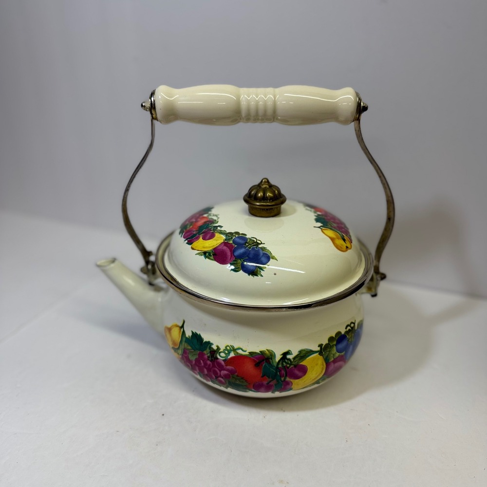 Metro Enamel Tea Kettle Fruit Motif Vintage Stovetop Teapot Cream Thailand